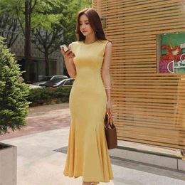 Elegant Yellow Mermaid Dress Summer Pencil Midi Women Slim Bodycon Office Lady Ruffle es 210519