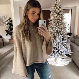 knitted oversized sweater pullovers women flare long sleeve vintage autumn winter jumper casual loose sweater tops 210415