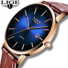 LIGE Fashion Casual Mens Watches Top Brand Luxury Leather Gold Clock Male Sport Wristwatch Waterproof Quartz Watch For Men 210407