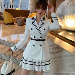 White Two Piece Set For Women Notched Long Sleeve Sashes Slim Tops High Waist Mini Pleated Skirts Causal Sets Female Fashion 210531