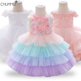 Baby Dress Lace Petal Christening Gown Baptism Clothes Flower born Kids Girls Birthday Princess Infant Party Costume 210508