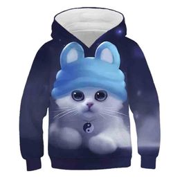 Cute kitten Hoodies For Teen girls Cropped Sweatshirt Children Outwear Anime Hoody Hooded Baby Clothes Boys Pullover Shirts 211029