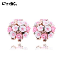 Stud Fashion Brand Jewellery Bohemian Pink Clay&Rhinestone Flower Ear Earrings For Women Summer Style Gold Filled Crystal