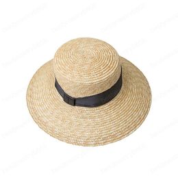 summer sun hat for women female vintage flat top natural straw hat wide brim bow beach hats Holiday cap