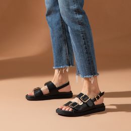 BeauToday Sandals Women Genuine Cow Leather Metal Detailed Ankle Buckle Strap Summer Beach Ladies Low Heel Shoes Handmade 38128 K78