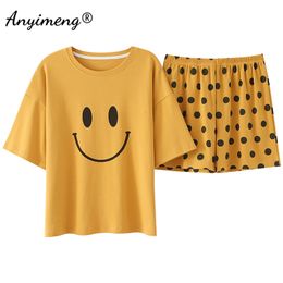 Women Pajamas 100% Cotton High Quality Sleepwear Yellow Smile Printing Chic Leisure Home Clothing Summer Shorts Pjs for Woman 210809