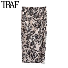 TRAF Women Chic Fashion Floral Print Front Slit Midi Skirt Vintage High Waist Side Zipper Female Skirts Mujer 210415