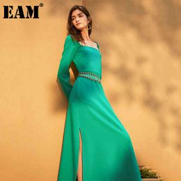 [EAM] Women Green Vent Split Joint Elegant Dress Square Neck Long Sleeve Loose Fit Fashion Spring Autumn 1DA641 21512