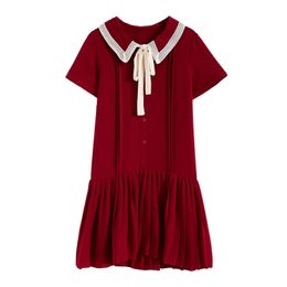 Black Red Turn Down Collar Solid Short Sleeve Bow Mini Dress Summer Female Preppy Style Women D1888 210514