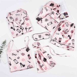 JULY'S SONG New Fashion 7 Pieces Pyjamas Sets Faux Silk Stain Cute Pattern Pyjama Sexy Sling Shorts Long Sleeve Pants Sleepwear 210330