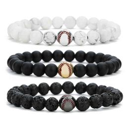 Baseball Sports Bracelet, Black And White Lava Stone Nature Bracelet Men