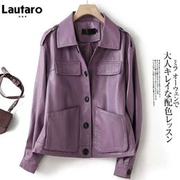 Lautaro Autumn Purple Faux Leather Jackets for Women Drop Shoulder Long Sleeve Pockets Buttons Black Casual Korean Fashion 211007