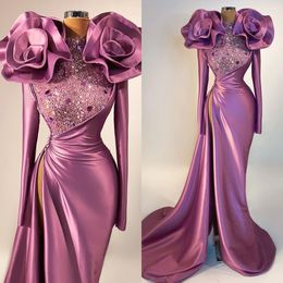 Shoulder Flower Mermaid Prom Dresses 2021 Arabic African Long Sleeve Sexy Side Split Beaded Women Plus Size Formal Evening Party Gowns