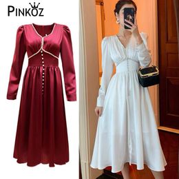 elegant lady midi A-line dress for women spring autumn satin crystal single breasted buttons white red dresses party 210421