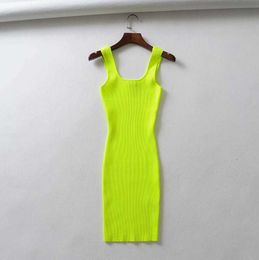 2021 Summer Pink Neon Green Dress Women Ribbed Fluorescence Knit Bodycon Tank Beach Casual Mini Short Sundress Y0823