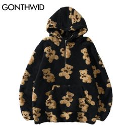 GONTHWID Fleece Hooded Sweatshirts Streetwear Hip Hop Bear Print Half Zipper Pullover Hoodies Harajuku Casual Tops Coats Outwear 211126