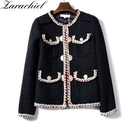 High Quality Handmade Tweed Coat Women Winter Small Fragrant Colour Weave Thick Casaco Feminino Metal Buckle Jacket 210416