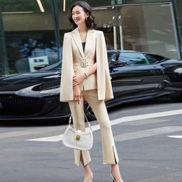 High quality elegant women's pants suit two-piece Autumn and winter slim-fit belt cloak-style ladies jacket Casual trousers 210527