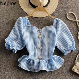 neploe summer shirts sweet chic crop tops square collar puff sleeve plaid blouses korean blouse pleated blusas mujer 210422
