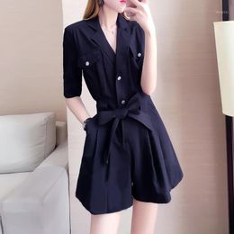 Summer Women Elegant Solid High Street Overalls Jumpsuits Female Bow Short Sleeve Casual V-neck Playsuit T69 Women's & Rompers