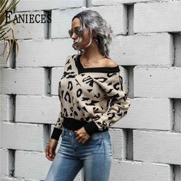 Women's Autumn Winter Knitted Sweaters V-neck Pullover Leopard Print Long Sleeve Knit Sweater loose Tops 210520