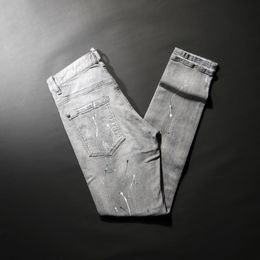 Men's Jeans Street Style Fashion Men High Quality Retro Grey Elastic Slim Fit Ripped Splashed Designer Casual Denim Pants