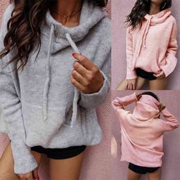 Woman Casual Solid Hooded Sweater Female Long Sleeve Korean Chic Soft Jumpers Pocket Ladies Pull Femme Top For Women 210507