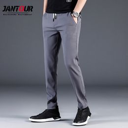 Summer Pants Mens Skinny Stretch Korean Casual Slacks Slim Fit Chino Elastic Waist Jogger Dress Trousers Male Thin 210406