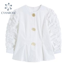 Women's Blouses White Cardigan Puff Long Sleeve Chic Single Breasted Ruched Korean Shirts OL Elegant O Neck Baggy Ins Blusas Top 210417