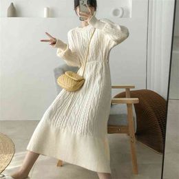 Robe Ete Femme Women Autumn Winter Sweater Dress Korean Casual Lantern Sleeve Solid Color Loose Knitted Long Vestidos 210514