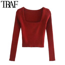 TRAF Women Fashion Stretch Slim Cropped Knitted Sweater Vintage Square Collar Long Sleeve Female Pullovers Chic Tops 210415