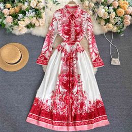 Women's Spring Autumn Dress French Style Totem Print Lapel Long Retro Sleeve Slim Female es GX702 210507
