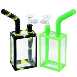 Glass bongs Water pipe silicone smoking pipes bong portable hookah oil rig drink box shape