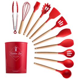 Creative Silicone Cooking Utensils Set Non-Stick Spatula Shovel Wooden Handle Tools With Storage Box Kitchen Tool Accessories