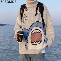 ZAZOMDE Men Turtlenecks Shark Sweater Winter Patchwor Harajuku Korean Style High Neck Oversized Grey Turtleneck For 220108