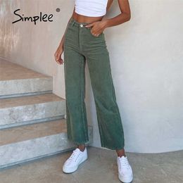 Cotton casual corduroy women long pants autumn winter Office button wide-legged trousers Fashion mid waist ladies bottom 211115