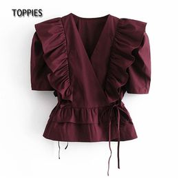 Sweet Lolita Cascading Ruffles Blouses Tops Women Puff Sleeve Summer V-neck Peplum Waist 210421