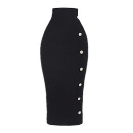 Arrival Women Button Black Bodycon Bandage Skirt Designer High Waist Street Party Club Pencil 75cm 210527