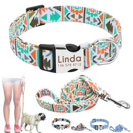 Custom Nylon Dog Collar And Leash Set Personalised Printed Dog Tag Collar Engraved Pet Puppy ID Collars For Medium Large Dogs 211006