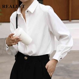 OL Style Formal White Women's Blouse Button Long Sleeve Turn-down Collar Loose Shirts Tops Korean Spring Summer 210428