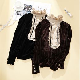 Vintage Women Velvet Blouse Casual Stand Collar Double Breasted Puff Long Sleeve Plus Size Shirt Female Top Spring Autumn 210416