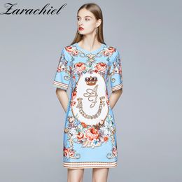 Runway Summer Fashion Luxury Floral Print Crown Short Sleeve Dress Women's Elegant Blue O-Neck Loose A-Line Party Dresses 210416