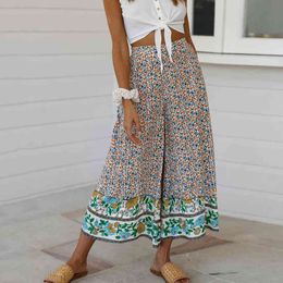 Casual wide leg boho pants women floral print palazzo long pants high waist beach trousers female vacation holiday pants 210415