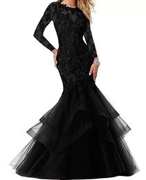 Elegant Black Mermaid Evening Dresses Illusion Long Sleeves Lace Appliques Beaded Formal Party Gowns Crew Neck Trumpet Style Prom Dress For Women 2022