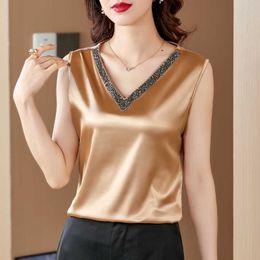 Fashion Stretch Blouses Satin V-neck Shirt Inner Vest Women Hollow Out Lace Patchwork Embroidery OL Woman Tops and 210604