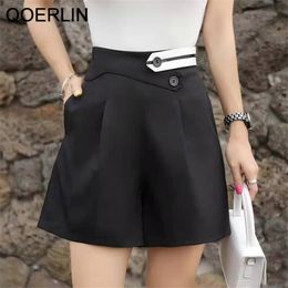 High Waist Shorts Women Plus Size Summer Korean Wide Leg Pants Black Casual Side Pocket Suits Short S-XL 210601