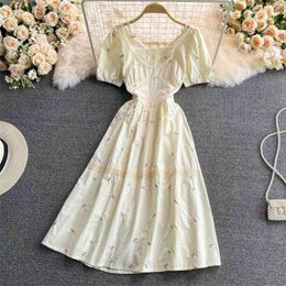 French Floral Embroidered Summer Dress Women Puff Sleeve Korean Chic Sweet Fairy Vintage Japan Style Robe Elegant Vestidos 210514