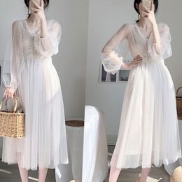 Plus Size Elegant Button A-Line Vestidos White Dress Women Spring Puff Sleeve Empire V-Neck Lace Voile Mesh Dresses