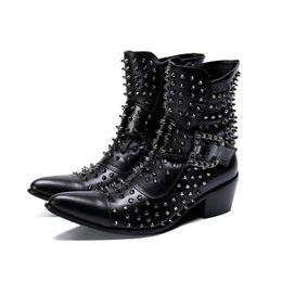 Rock Punk Rivets Western Boots Man Leather Boots Men Military Spikes Men's botas hombre Motorcycle, Big Sizes