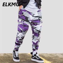 ELKMU Military Camouflage Cargo Pants Men Joggers Streetwear Pencil Pant Hip Hop Camo Tactical Trousers Purple Iron Chain HE192 210715